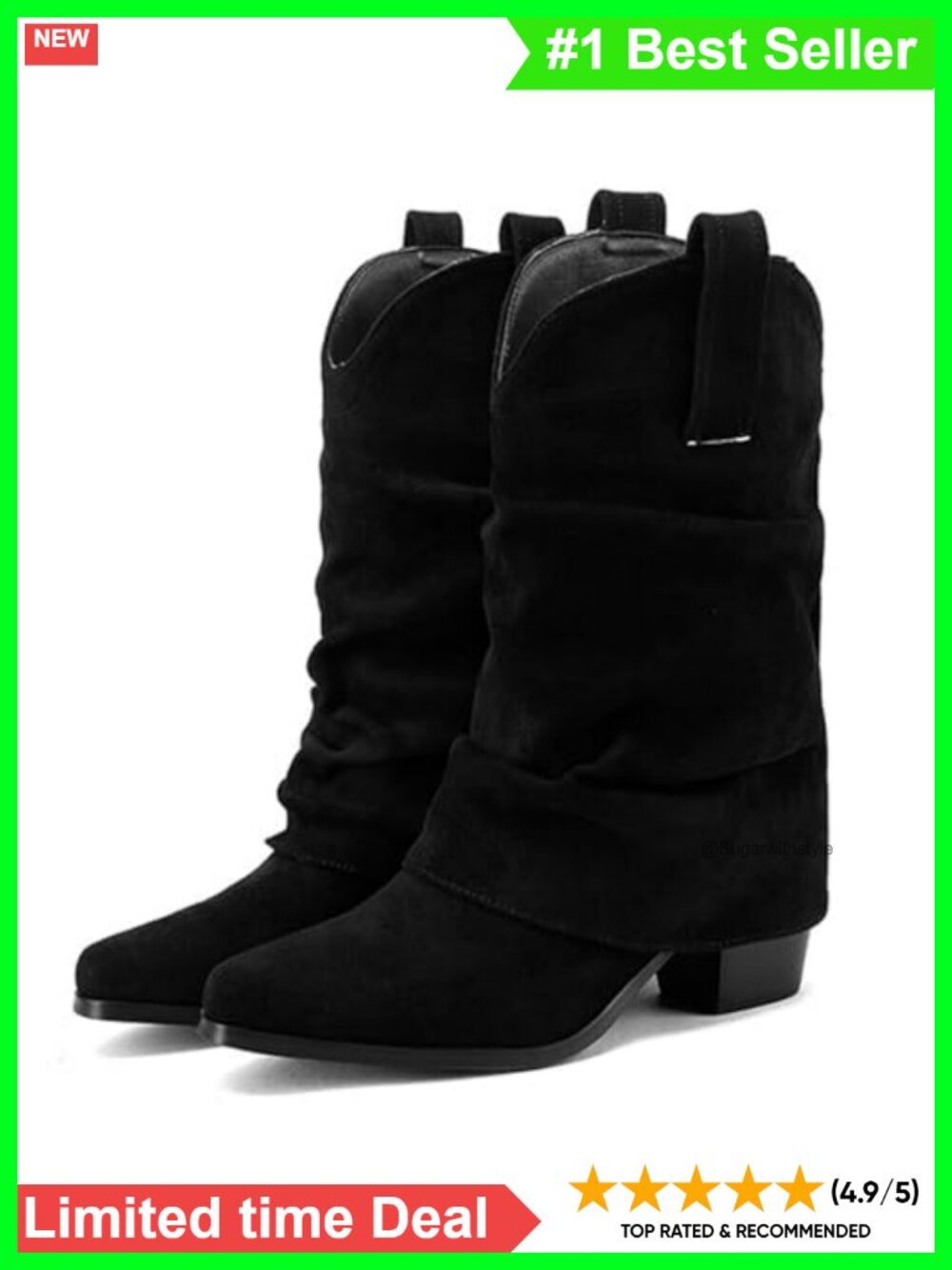 Faux Suede Mid Calf Slouchy Pointed Toe Chunky Heel Cowboy Boots